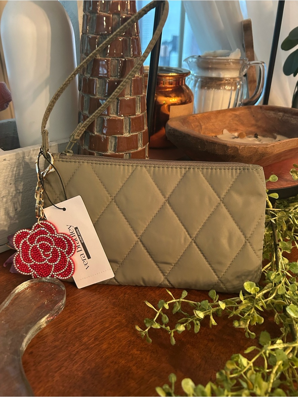 Vera Bradley Quilted Wristlet in Taupe with Red Flower Charm